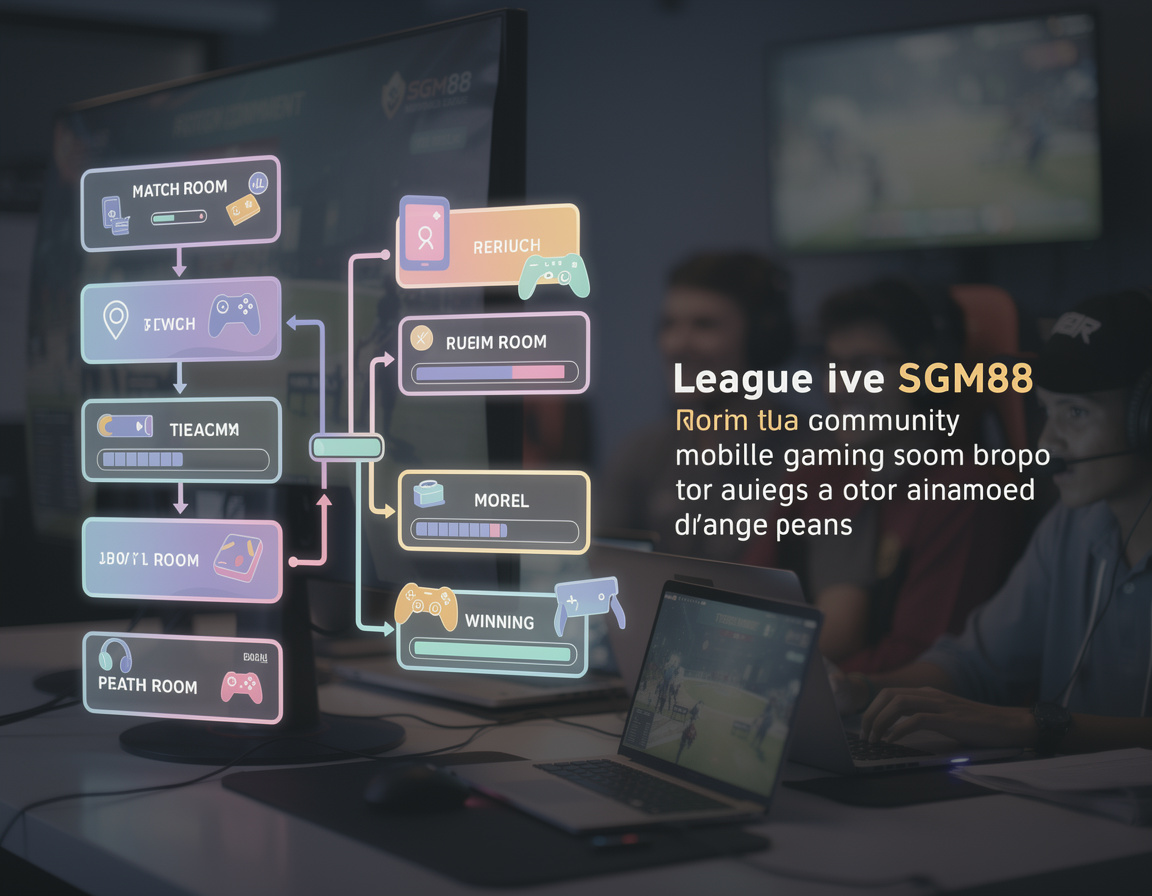 Ilustrasi liga komunitas mobile game SGM88 dengan bracket, room match, dan bukti skor