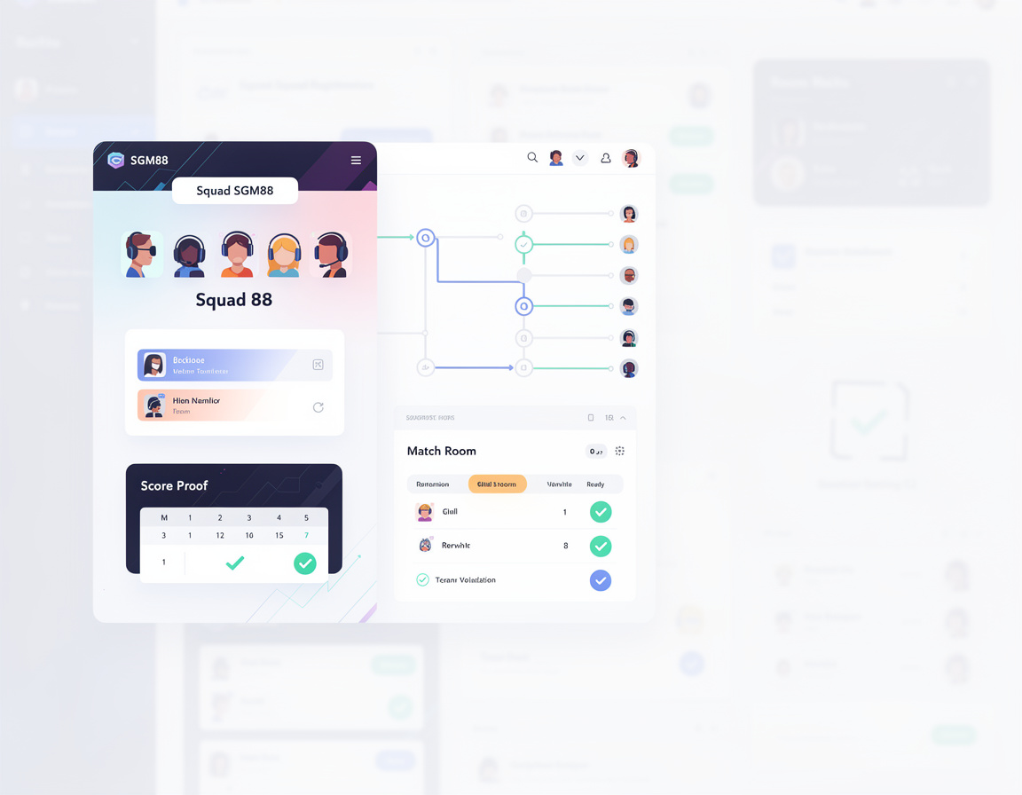 Ilustrasi registrasi squad SGM88 dengan bracket, room match, dan bukti skor